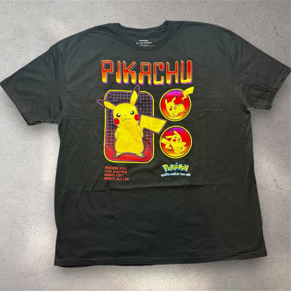 Pokemon‎ Pikachu Graphic T-Shirt Mens 2XL Black Short Sleeve Pokedex Gamer Tee